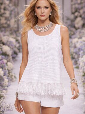 1.STATE White Textured Crochet Fringe Top XL Elevated Resort Style NWT